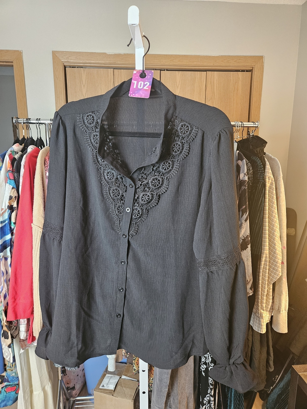 Grace Karin Black Button-Front Blouse with Floral Lace V-Neck